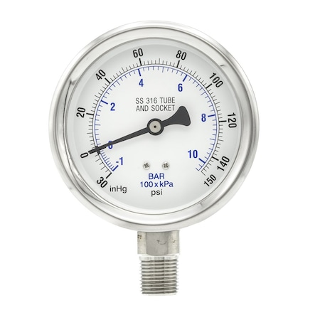 Pic Gauges 4 in Dial, 1/2 in NPT Male Lower Location, Stainless Steel Case Material PRO-301D-402CF-01